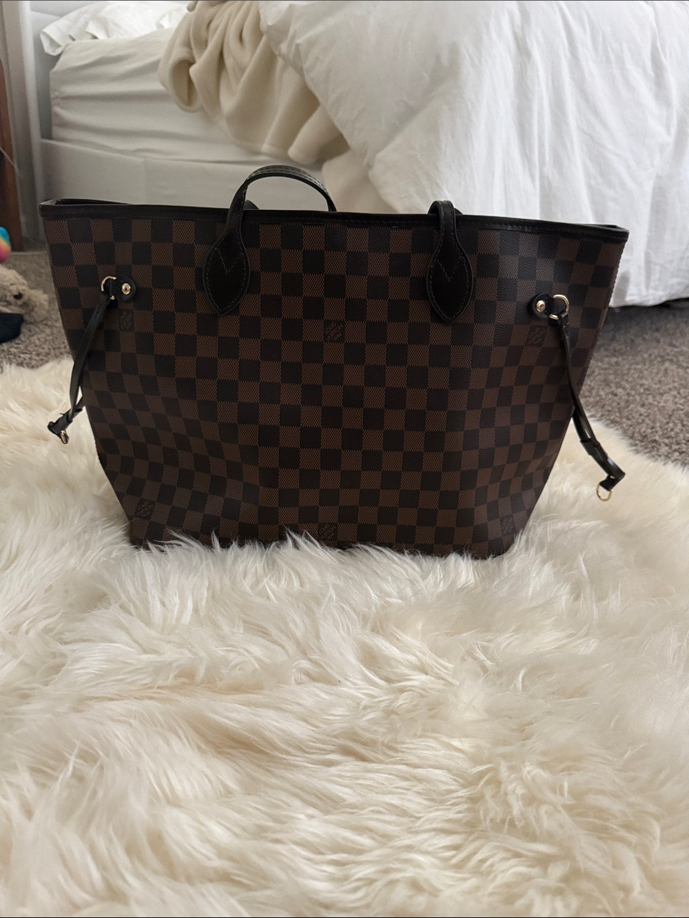 Brown Checkered Tote Bag with Dark Trim